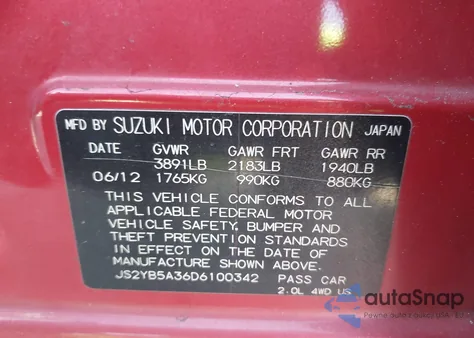 2013 Suzuki Sx4 Premium from USA, damaged, VIN JS2YB5A36D6100342